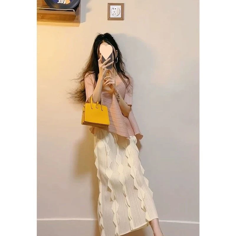 好看的两件套装夏季款褶皱不规则上衣女小洋装茶系半身裙子套装