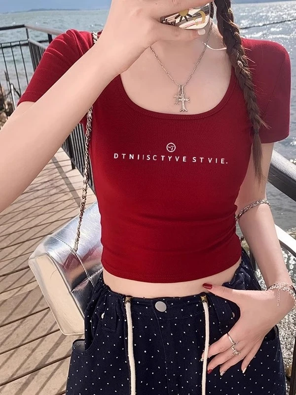 美式辣妹U领短袖T恤女2025夏季新款纯欲修身显瘦高腰短款露脐上衣