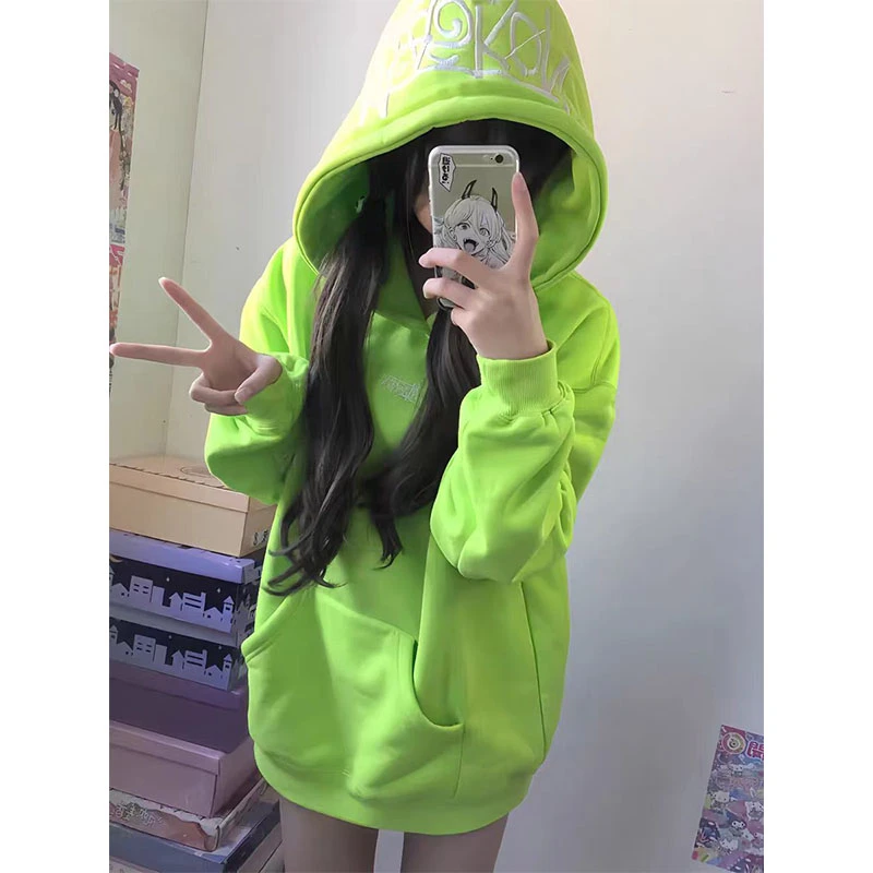 高级感荧光绿色字母刺绣连帽卫衣女秋冬加绒加厚宽松休闲外套上衣