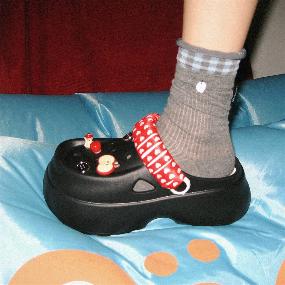 细细条 松糕厚底防滑时尚ins风凉拖鞋夏季创意红苹果学生洞洞鞋女