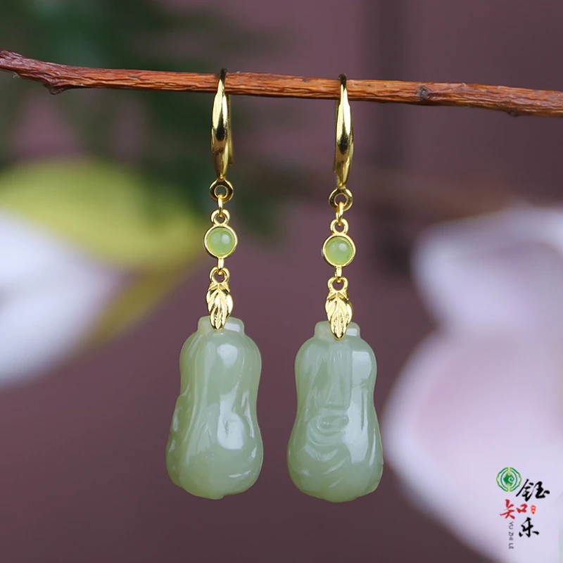 S925银天然和田玉湖水绿耳环白菜耳坠大尺寸耳环耳坠耳钩款811658