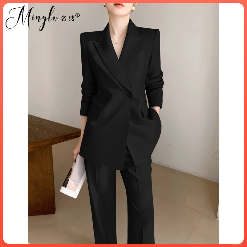 高级感名媛黑色西装外套女秋冬气质职业正装阔腿裤休闲西服套装