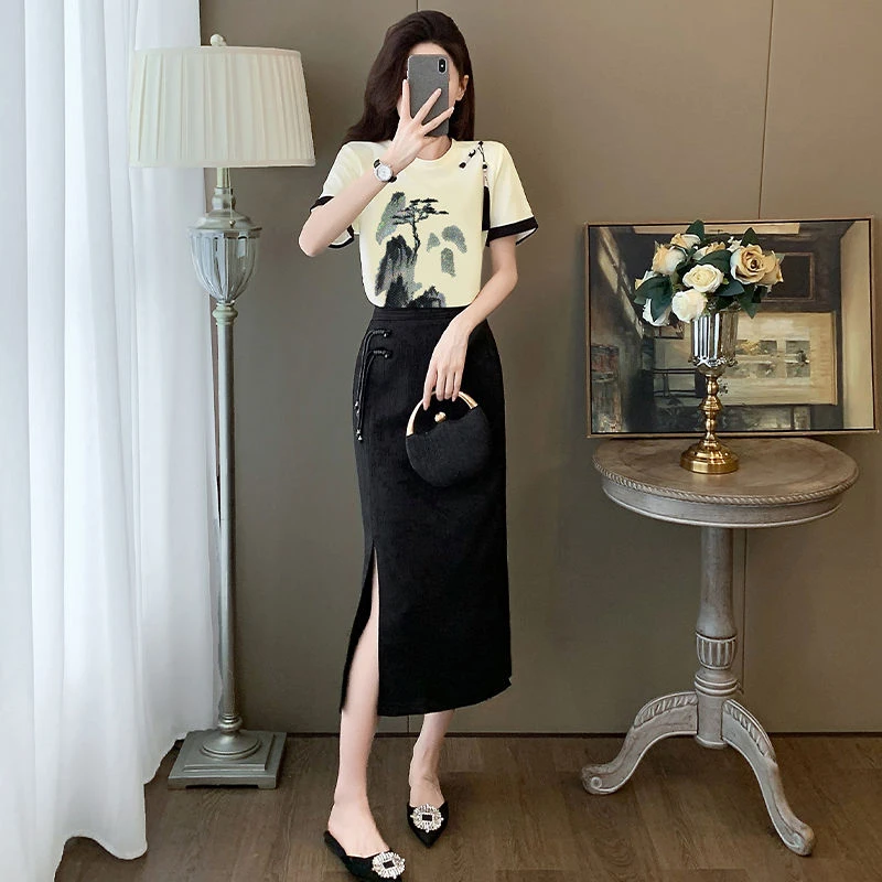 新中式休闲简约套装夏季洋气2025新款黑色短袖裙子两件套气质款女