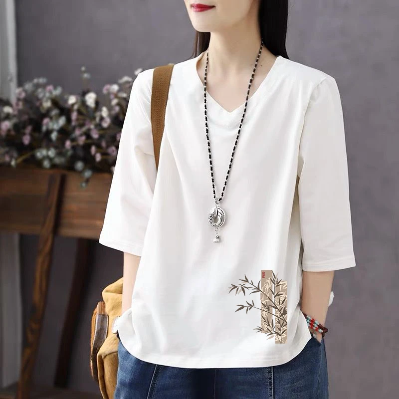 纯棉爆款七分袖女装宽松半袖中袖打底衫上衣外穿T恤小众v领显瘦