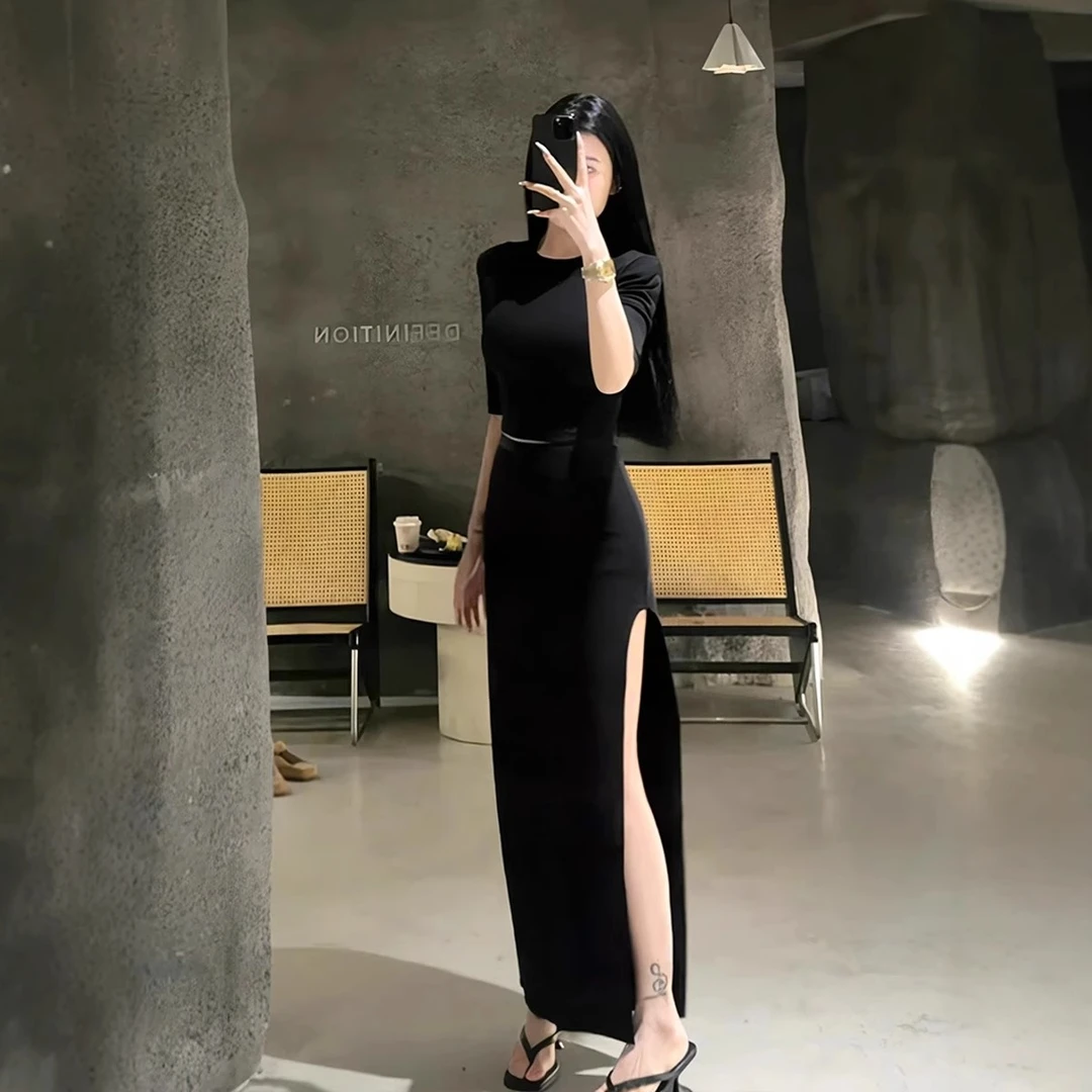 夏季穿搭一整套大码胖mm黑色上衣开叉半身裙气质独特高级感套装女