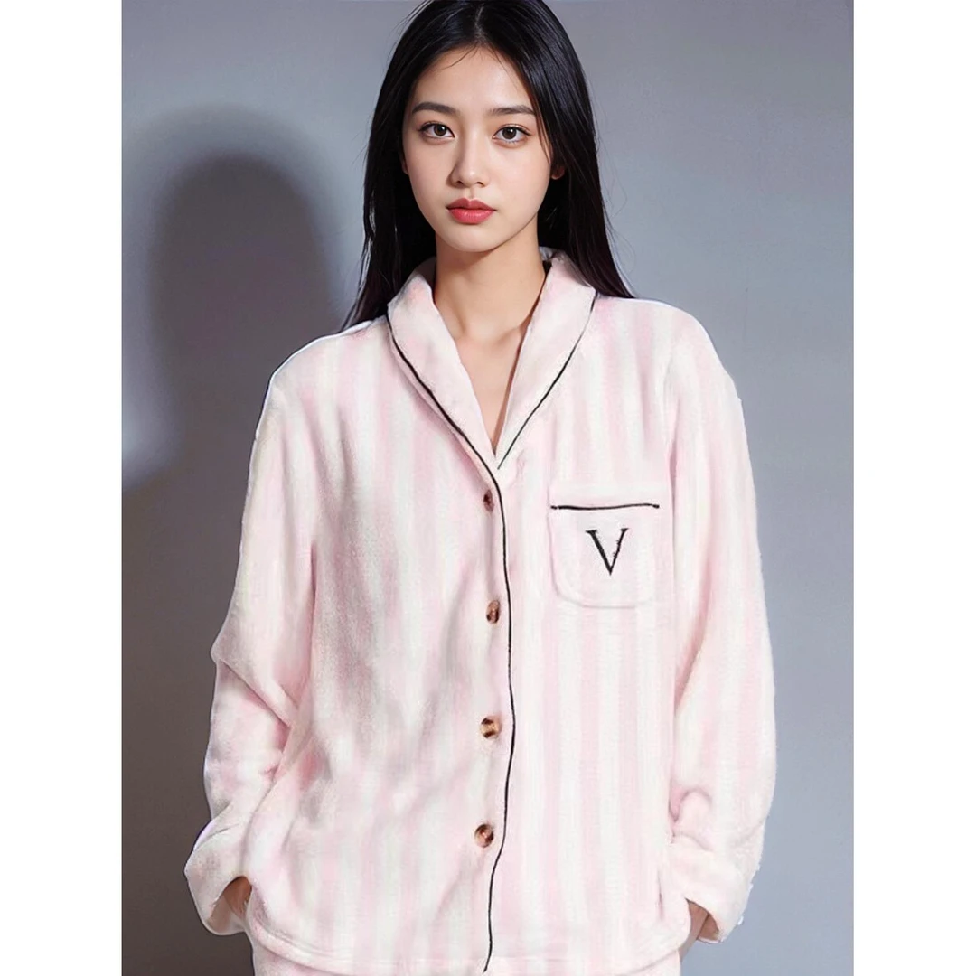 维多利亚新款秋冬季暖舒绒法兰绒睡衣加厚珊瑚绒保暖家居服套装女