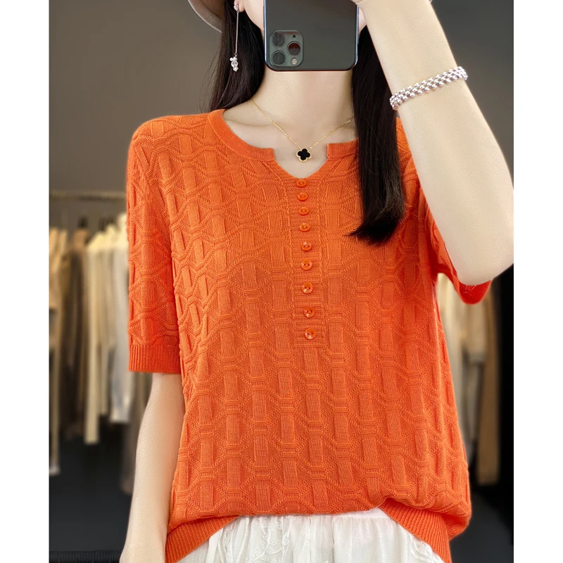 哥弟阿玛施正品夏季慵懒风女短袖针织衫圆领针织短袖镂空T恤薄款