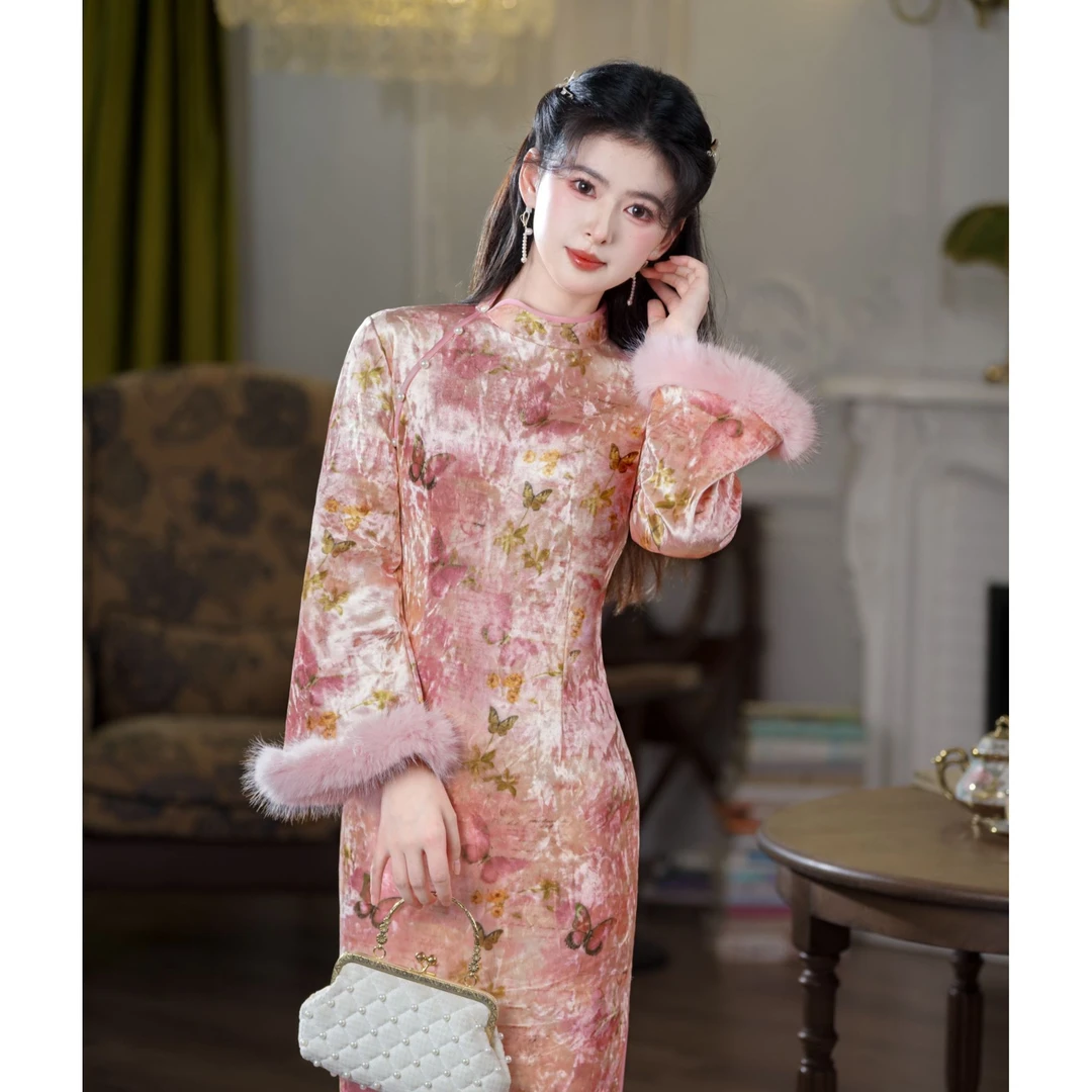 〖粉色蝴蝶〗TMY砖石绒大长款网红气质中国风苏州旗袍