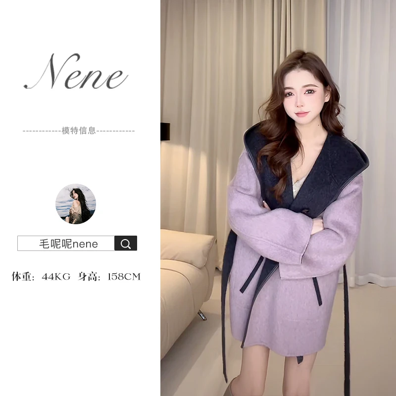 毛呢呢nene/Barnfit原创 现货！100澳毛 双版本连帽围巾双面呢大衣