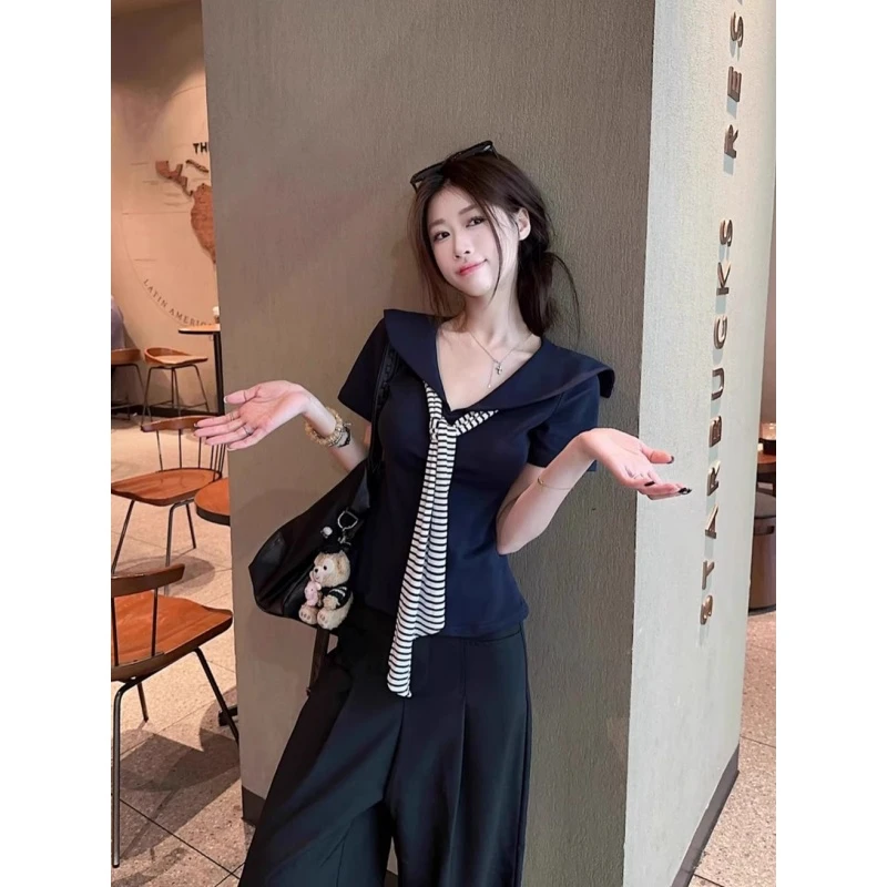 韩系复古条纹领带拼海军领正肩短袖T恤女夏季学院风修身显瘦上衣