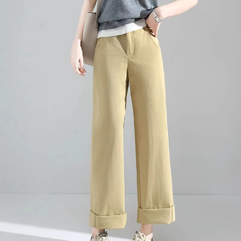 多色系小个子卷边夏季阔腿直筒裤春季新款九分休闲裤高腰显瘦宽松