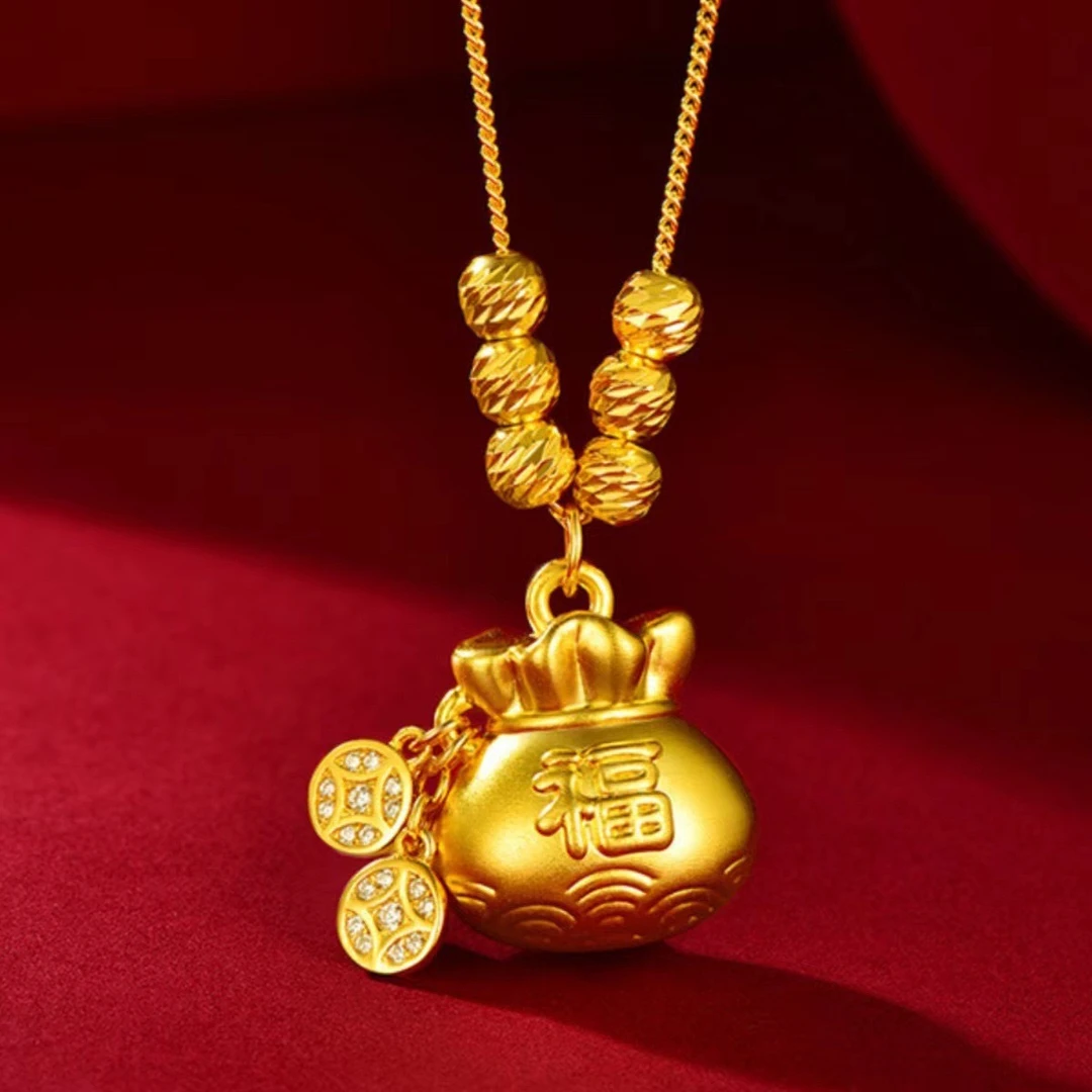 铜合金项链 转运珠福袋项链女古法工艺吉祥钱袋子吊坠铜镀金钱