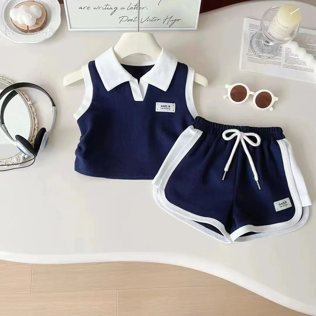 儿童无袖POLO时髦洋气短裤两件套女童学院风套装夏季2025新款