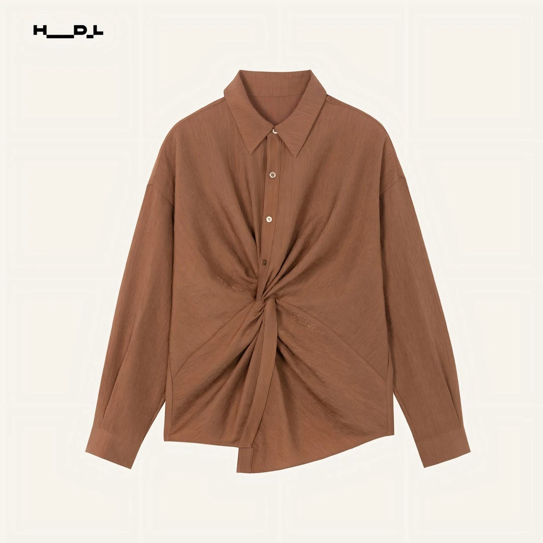 宽松型静奢风微胖女款天丝衬衫女装秋季气质不规则衬衣长袖针织