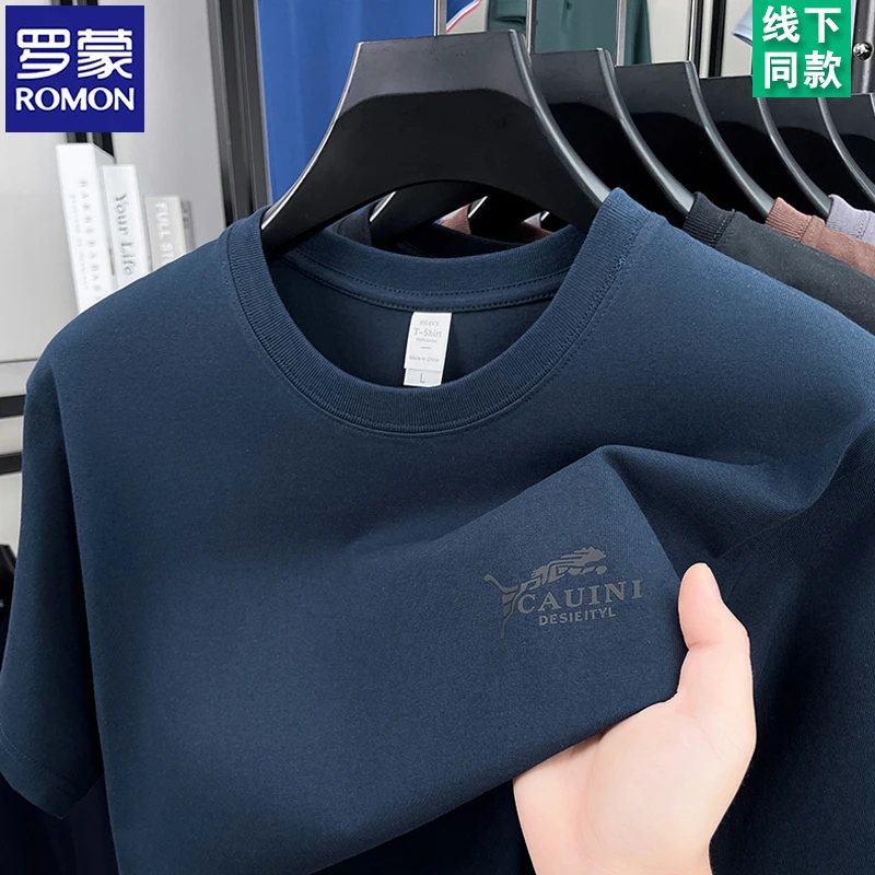 罗蒙夏季100%纯棉短袖t恤2025新款圆领印花半袖男士休闲薄款衣服