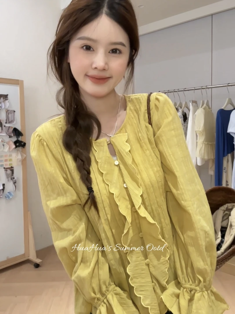【花花】落日水仙~100棉设计感黄色刺绣荷叶边氛围感独特长袖衬衫