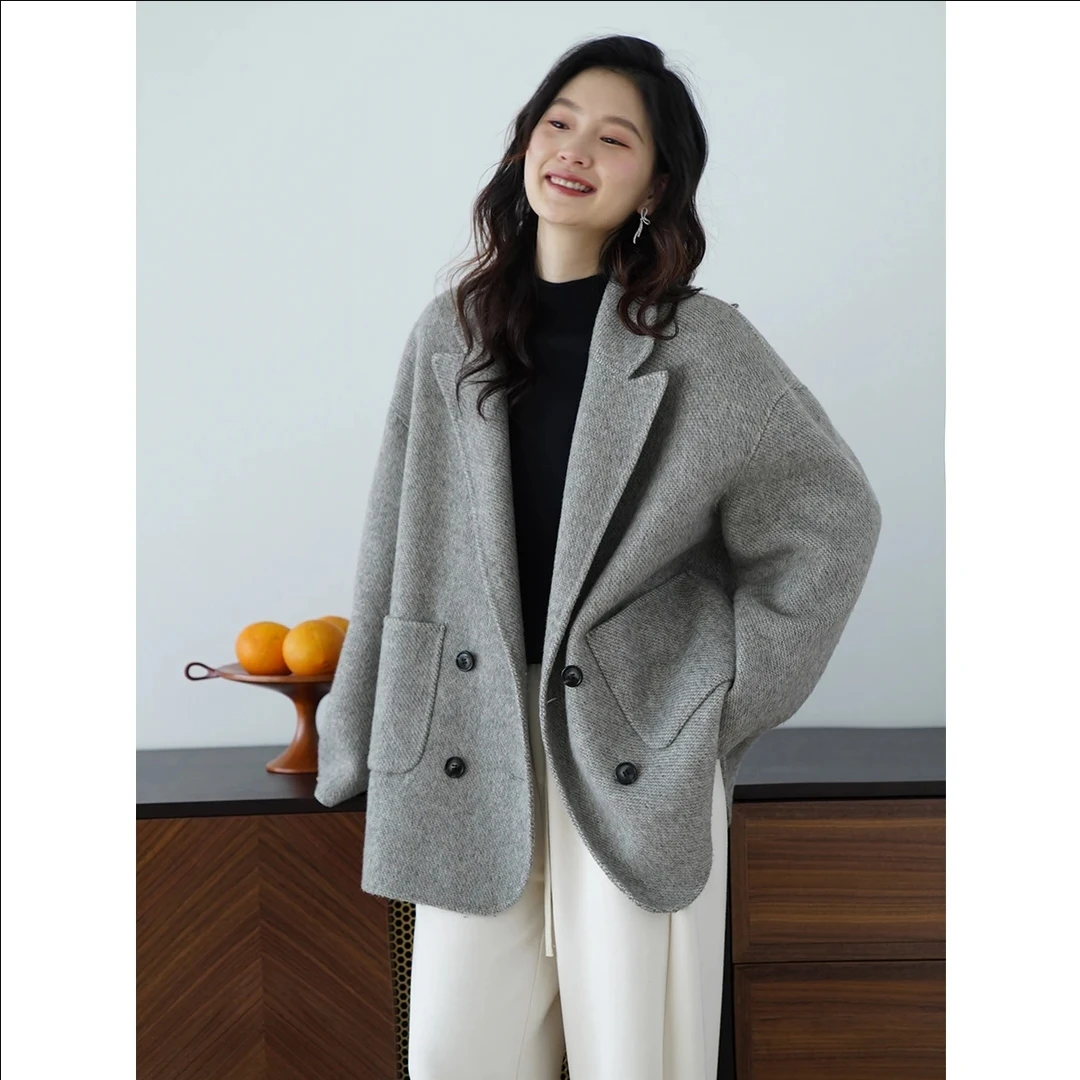 秋冬双面毛呢外套名媛风白色毛呢大衣西装中长款休闲风冬季宽松