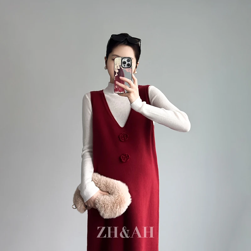 ZH&AH【花语】冬季新款时尚气质百搭设计感孕期纤绒纱毛衣背心裙