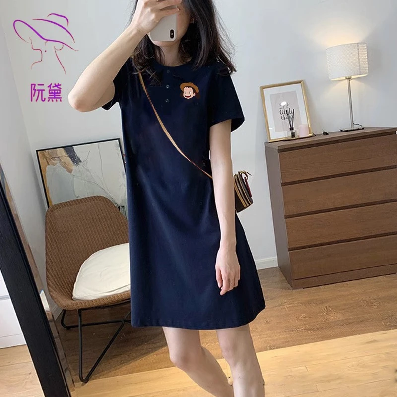 阮黛2025新款休闲纯袖T恤裙子高级感短袖连衣裙时尚宽松减龄女装