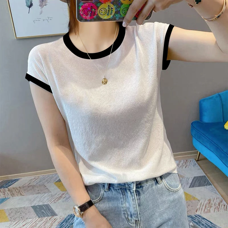 韩版慵懒风圆领拼接撞色设计款连肩短袖体恤竹节棉透气百搭上衣