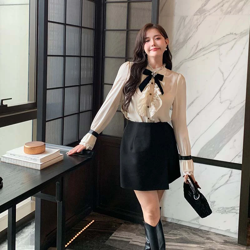 【两件套】【送领结】春秋季新款蕾丝拼接显瘦衬衫上衣高腰裤裙D3477