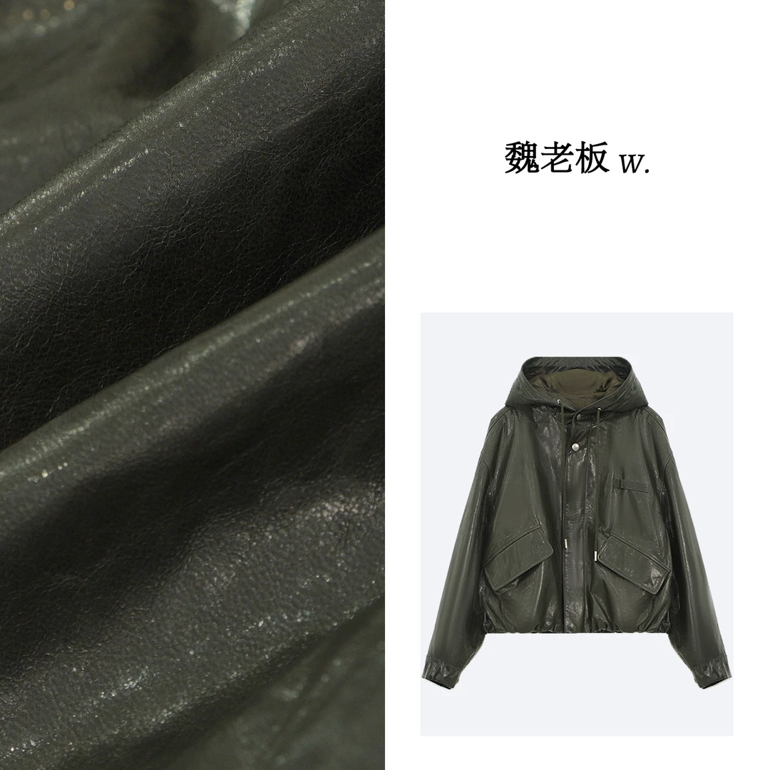 W.Diva【印证】春季绵羊皮时尚品质复古休闲连帽羊皮衣3C30C2064
