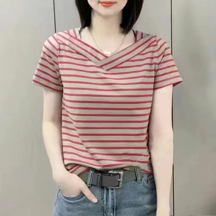 夏装洋气休闲百搭显瘦减龄女士V领条纹短袖T裇上衣妈妈装通勤女装