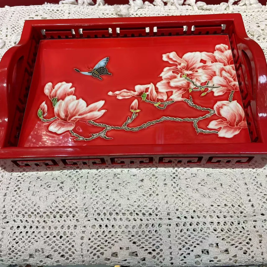 新中式老榆木阿图玛纳兰祥云雕刻式陶瓷茶盘收纳盘双耳23*33