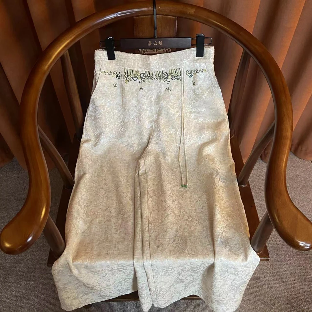 【绣琴】风琴腰裤子刺绣新中式阔腿裤民族风气质百搭时尚国风直筒裤