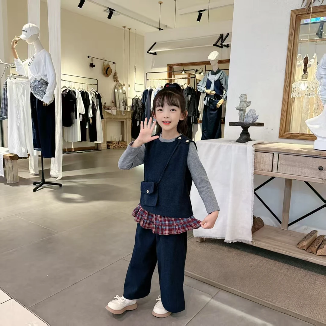 女童秋季新款时尚百搭休闲韩版时髦马甲打底长袖真两件阔腿裤套装