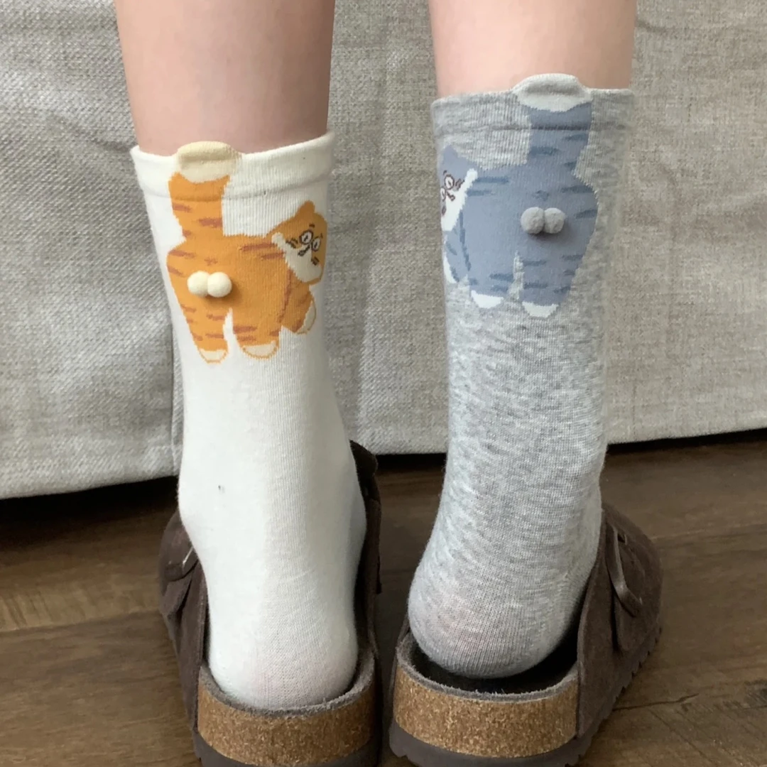 立体卡通猫猫袜子女中筒袜ins潮春秋棉袜可爱饰品动物夏季长袜