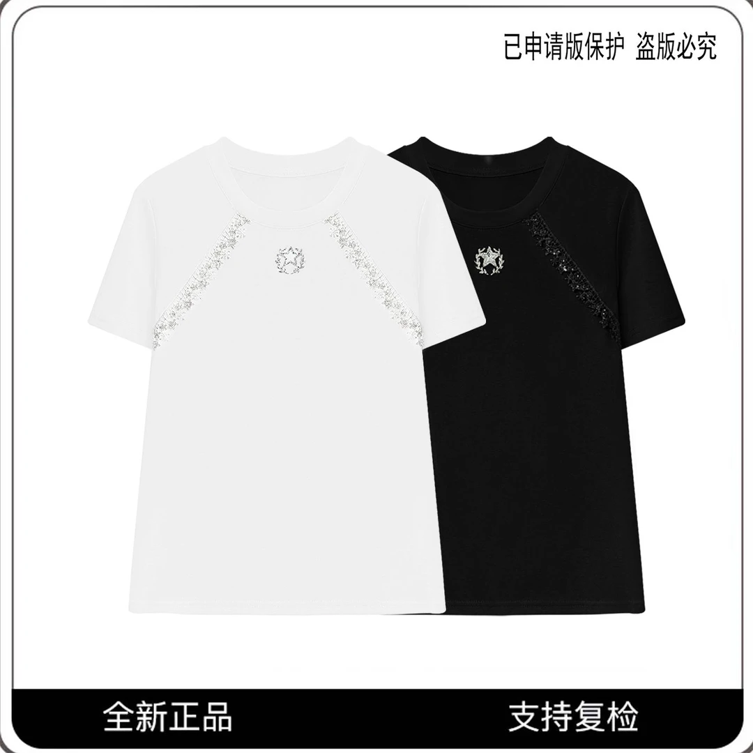 68010#CSIN轻奢时尚蕾丝拼接烫钻T恤衫2025夏百搭个性潮流上衣