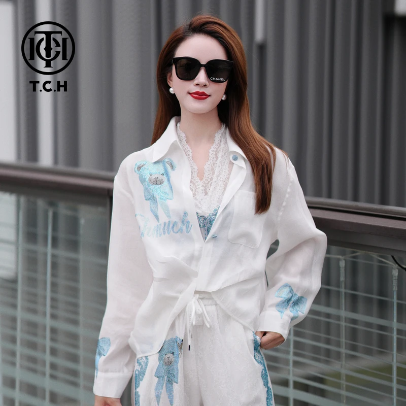 TCH私服烫钻工艺百搭时尚休闲白色蕾丝衬衫女T75A07E5017轻奢cth