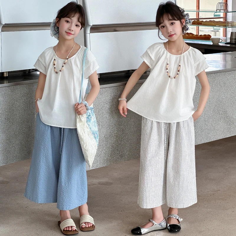 女童夏季纯棉套装2025新款6-12岁女孩夏装甜美娃娃衫阔腿裤两件套