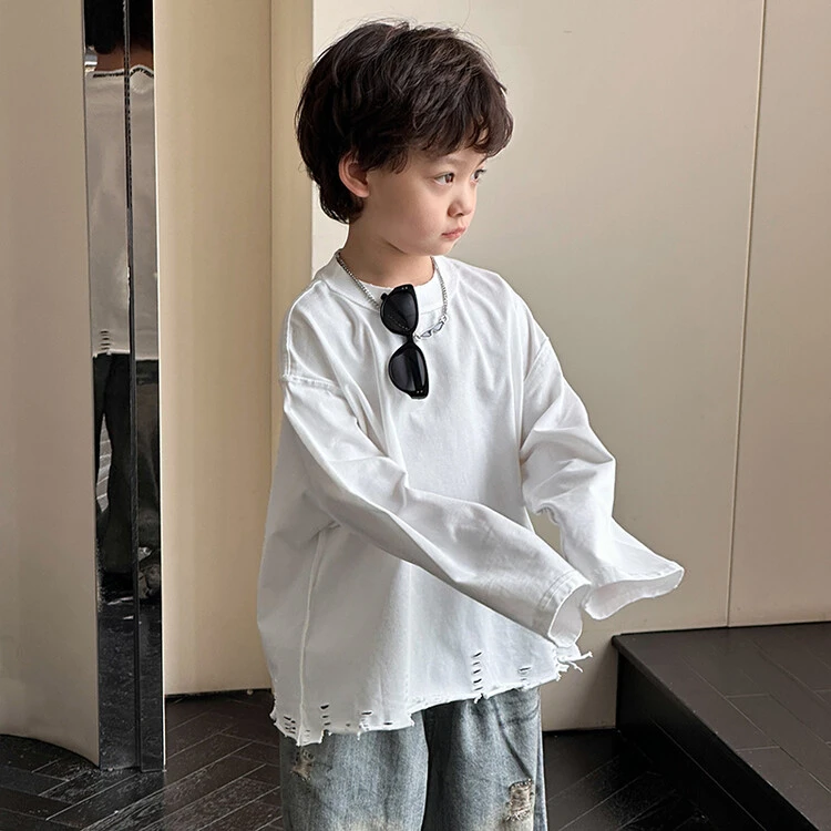 儿童春秋装男童女童长袖t恤打底衫纯棉2025新款破洞百搭上衣洋气