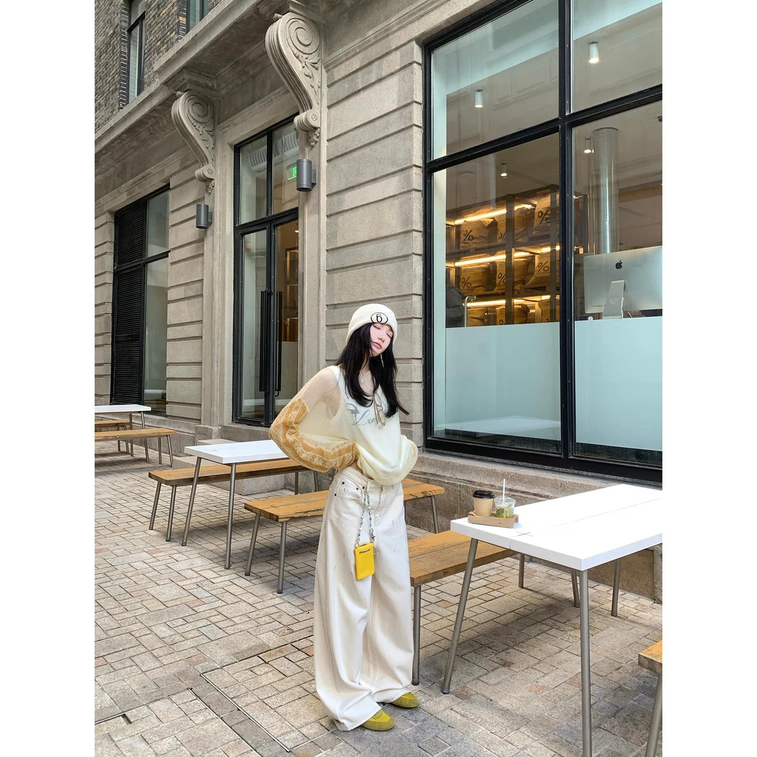 区区欧阳 泼墨涂鸦牛仔裤女秋季宽松复古阔腿裤直筒长裤拖地裤子
