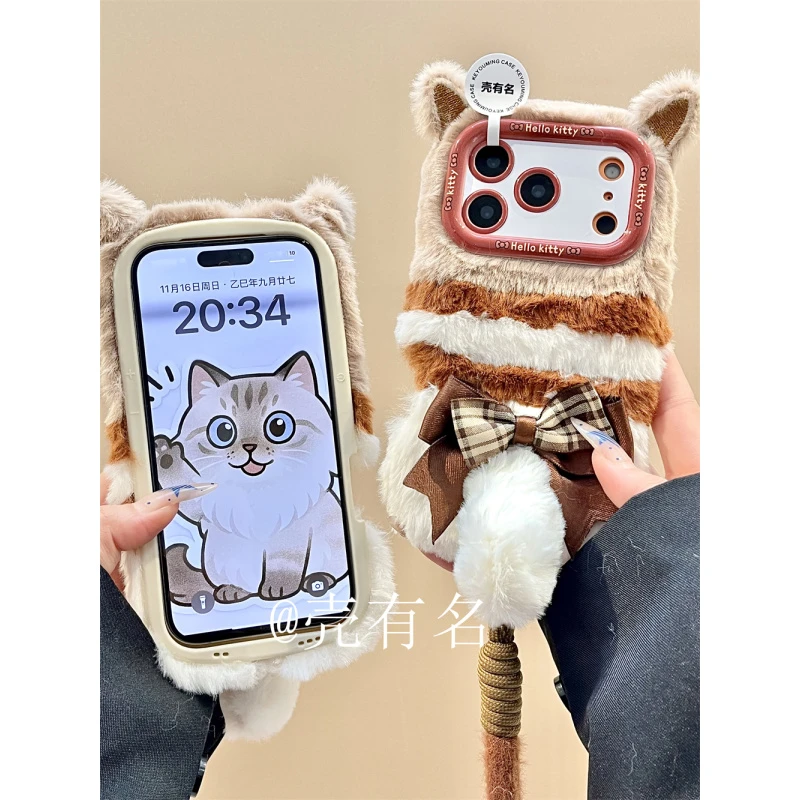甜美可爱条纹立体耳朵长尾巴猫咪适用苹果17手机壳iPhone16/15/14
