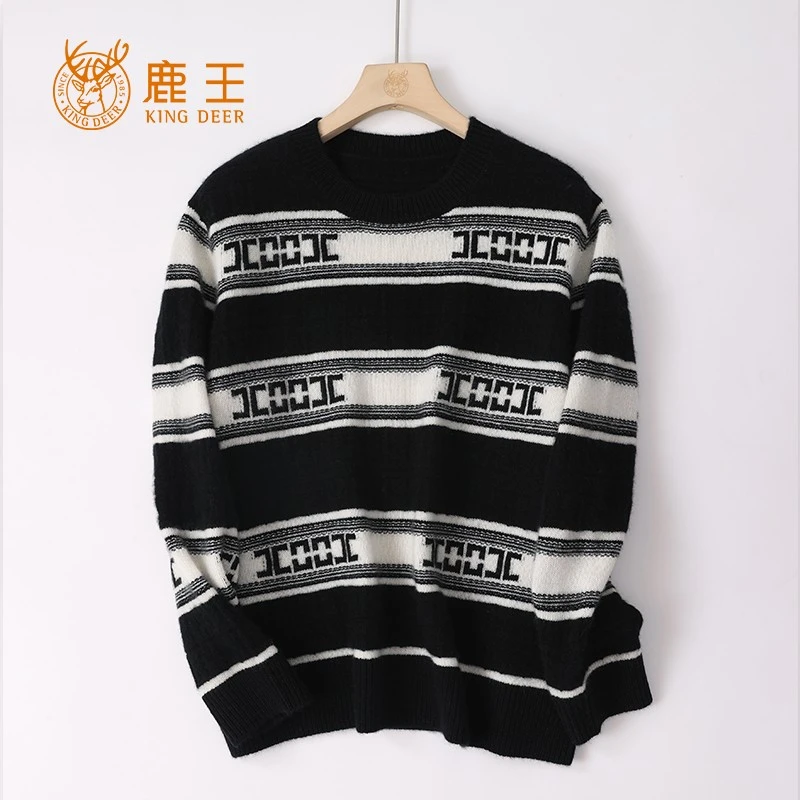 鹿王24秋冬新款女圆领100山羊绒休闲条纹字母提花套衫 厚 2024101