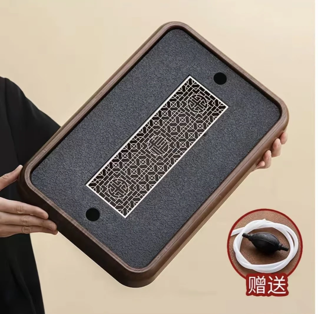 46*29胡桃色密胺边框仿乌金石茶盘沥水储水两用茶盘