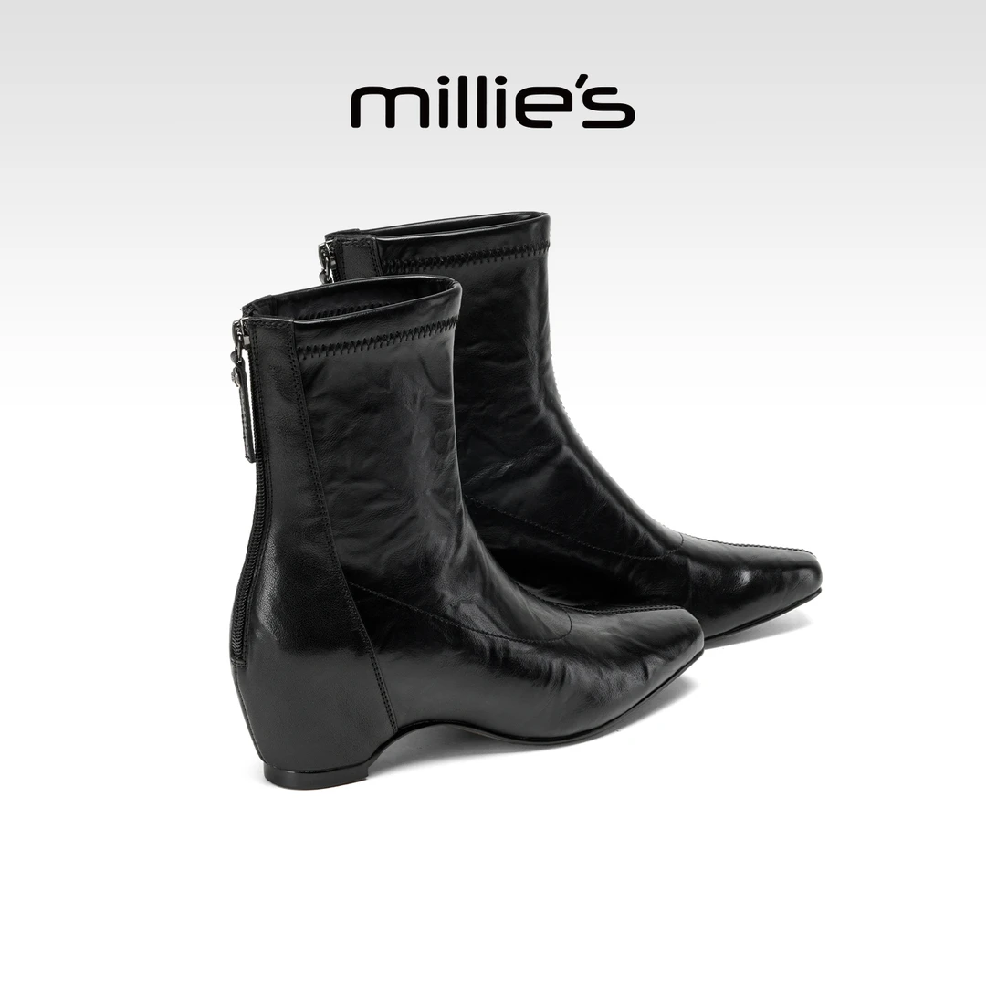 MILLIE'S/妙丽内增高坡短靴女2025新款后拉链皮面及踝靴显瘦靴