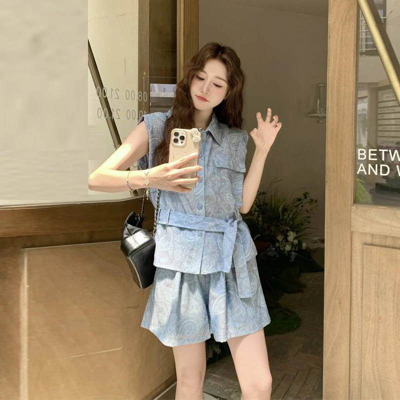 韩系无袖印花衬衫短裤套装2025夏季新款松弛感慵懒风盐甜系两件套