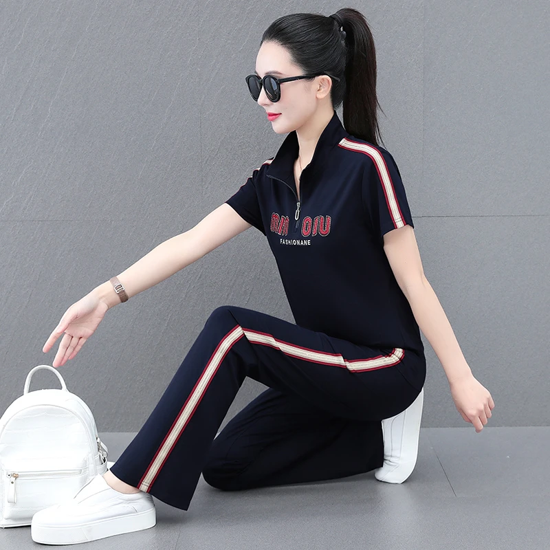 休闲运动套装女夏季新款短袖长裤两件套韩版洋气大码中年妈妈套装