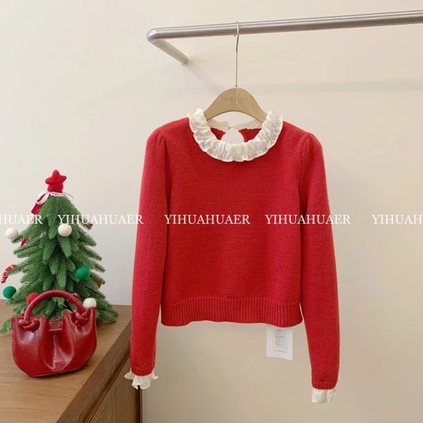 BHH-9907 东大门韩版气质红色花边圆领毛衣显瘦针织衫