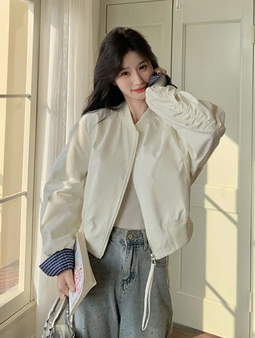 薄款时尚春秋落肩袖拼接短外套常规款小个子秋季上衣长袖短款