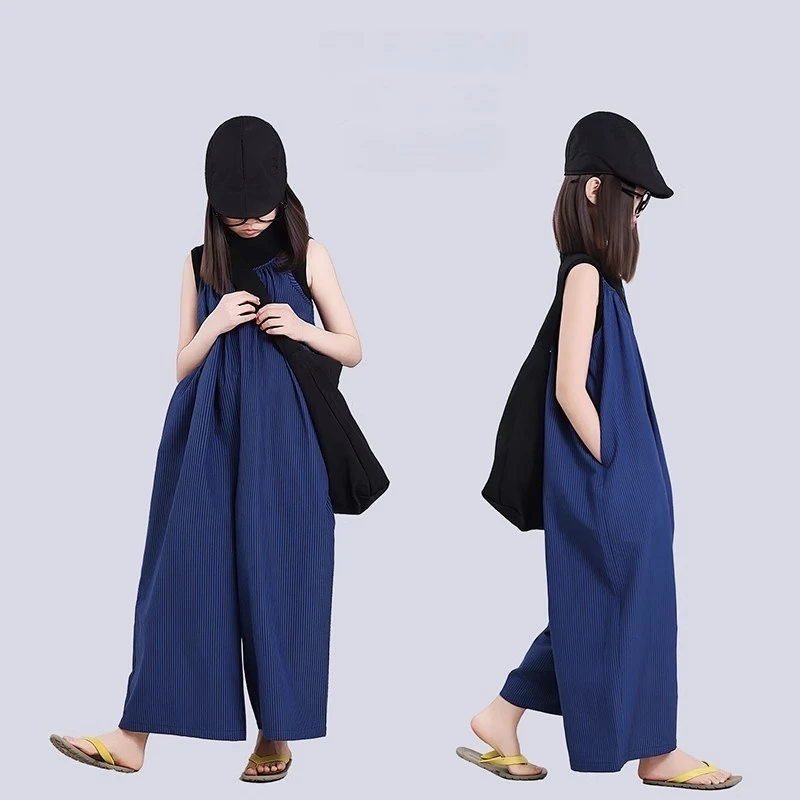 女童夏装套装2025新款夏季洋气中大童蓝色系高级感条纹宽松背带裤