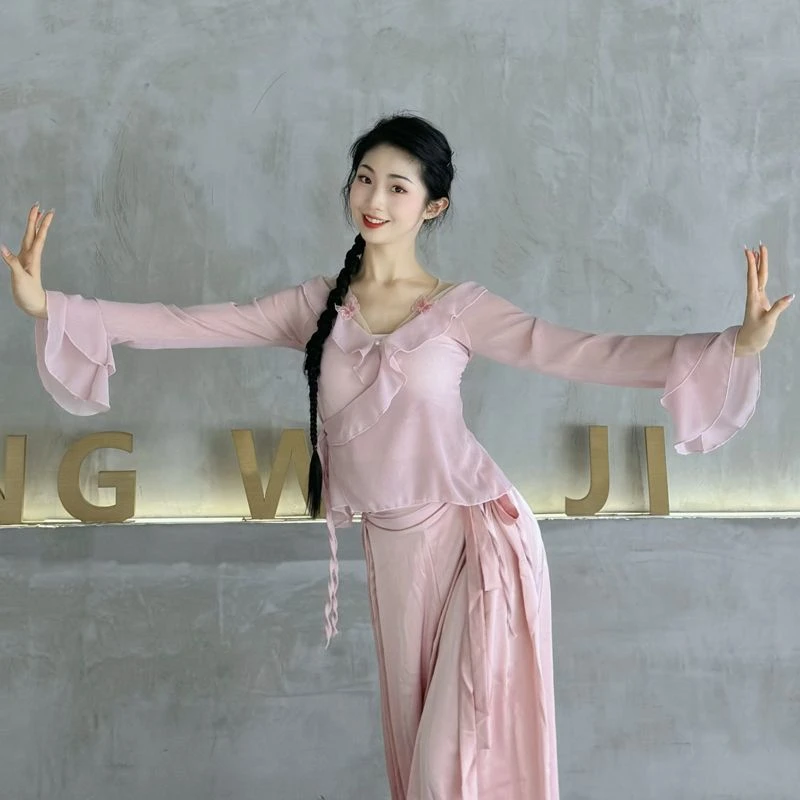 古典舞练功服夏蝴蝶纱衣仙气飘飘舞蹈服荷叶边喇叭袖雪纺衫现代舞