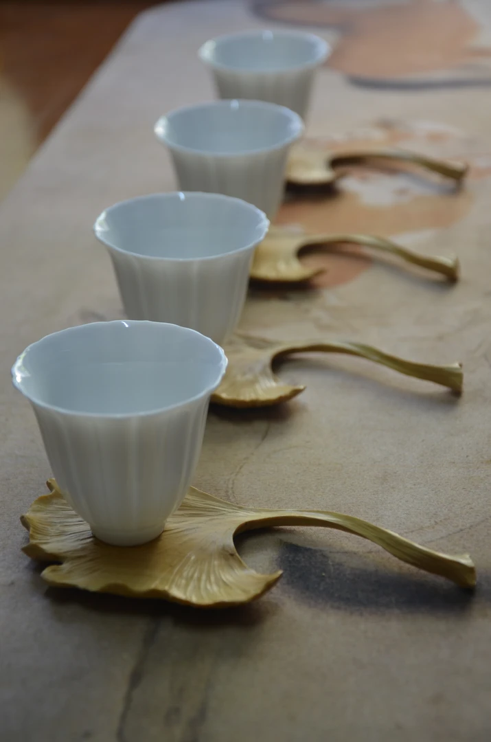 银杏叶杯托四片装，黄杨木，表面防水水性环保漆