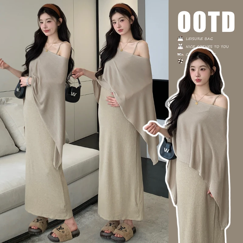 时髦孕妇装新款春秋温柔风不规则套头披肩吊带裙长袖针织打底套装