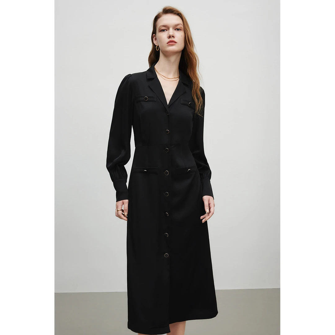 极简气质连衣裙秋季设计感灯笼袖时尚别致翻领中长裙Y534300544