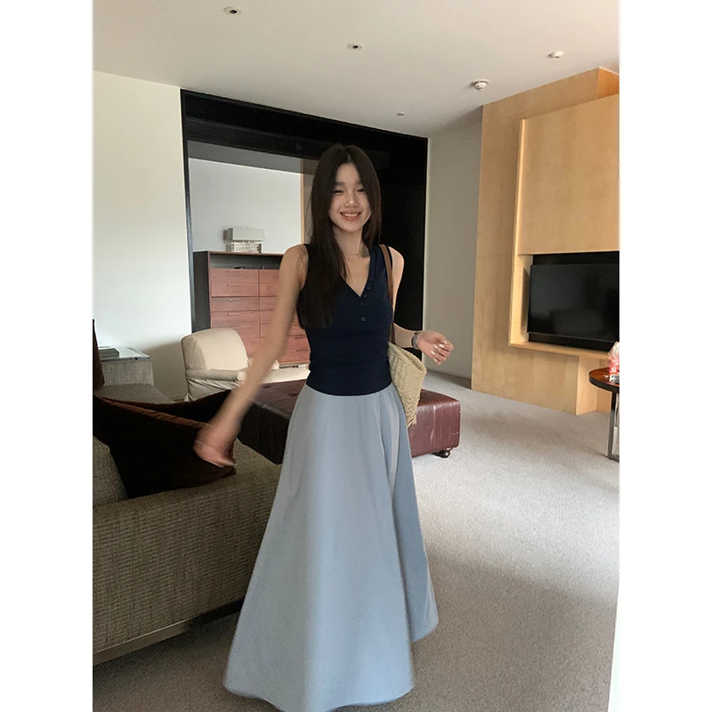 YOKLASS少女家 蓝色a字松紧腰半身裙轻薄舒适感裙子 B32556S52